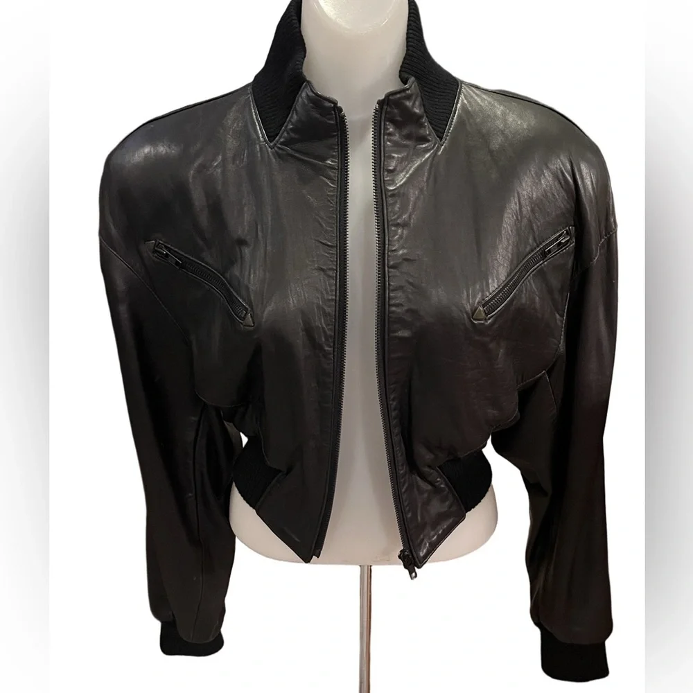 Vintage Michael Hoban North Beach Leather Black Cropped Bomber Jacket size XS - Picture 1 of 14